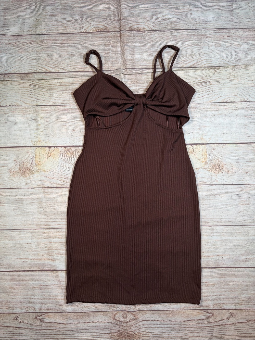 Streetwear Society Chocolate Brown Ribbed Mini Dress Tie Front Cutouts Coquette